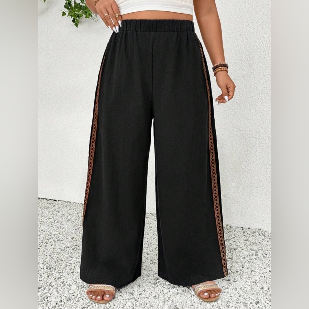 Black Wide-Leg Pants with Evil Eye Bsck Pocket & Brown Accentsg - Picture 2 of 4